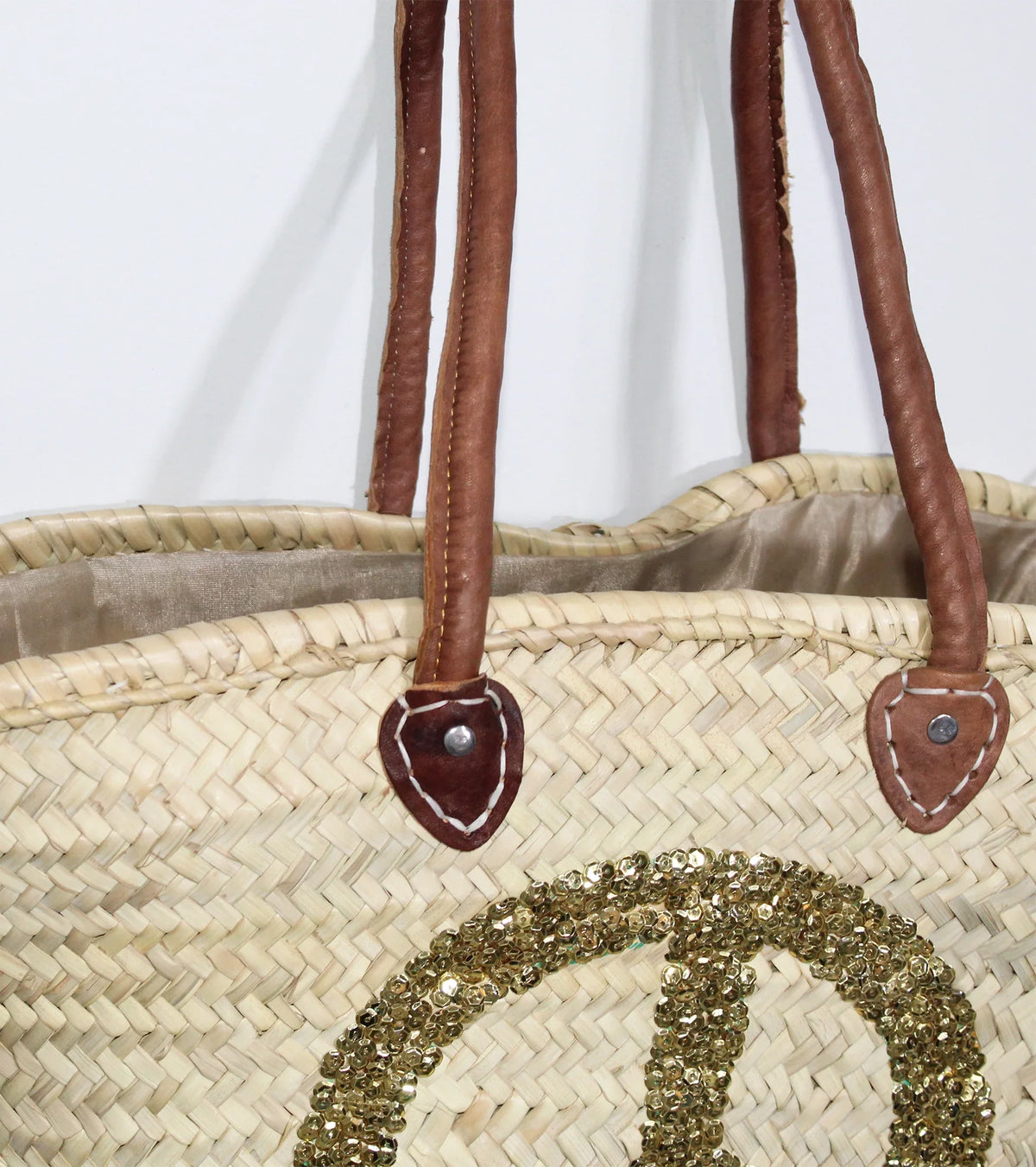 Sequin Peace Sign Straw Tote - Boho Market Basket with Leather Handles