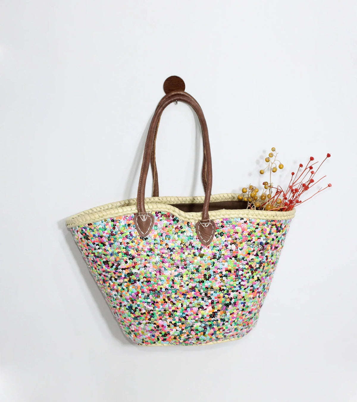 Sequin Straw Tote Bag - Colorful Boho Beach Basket with Leather Handles