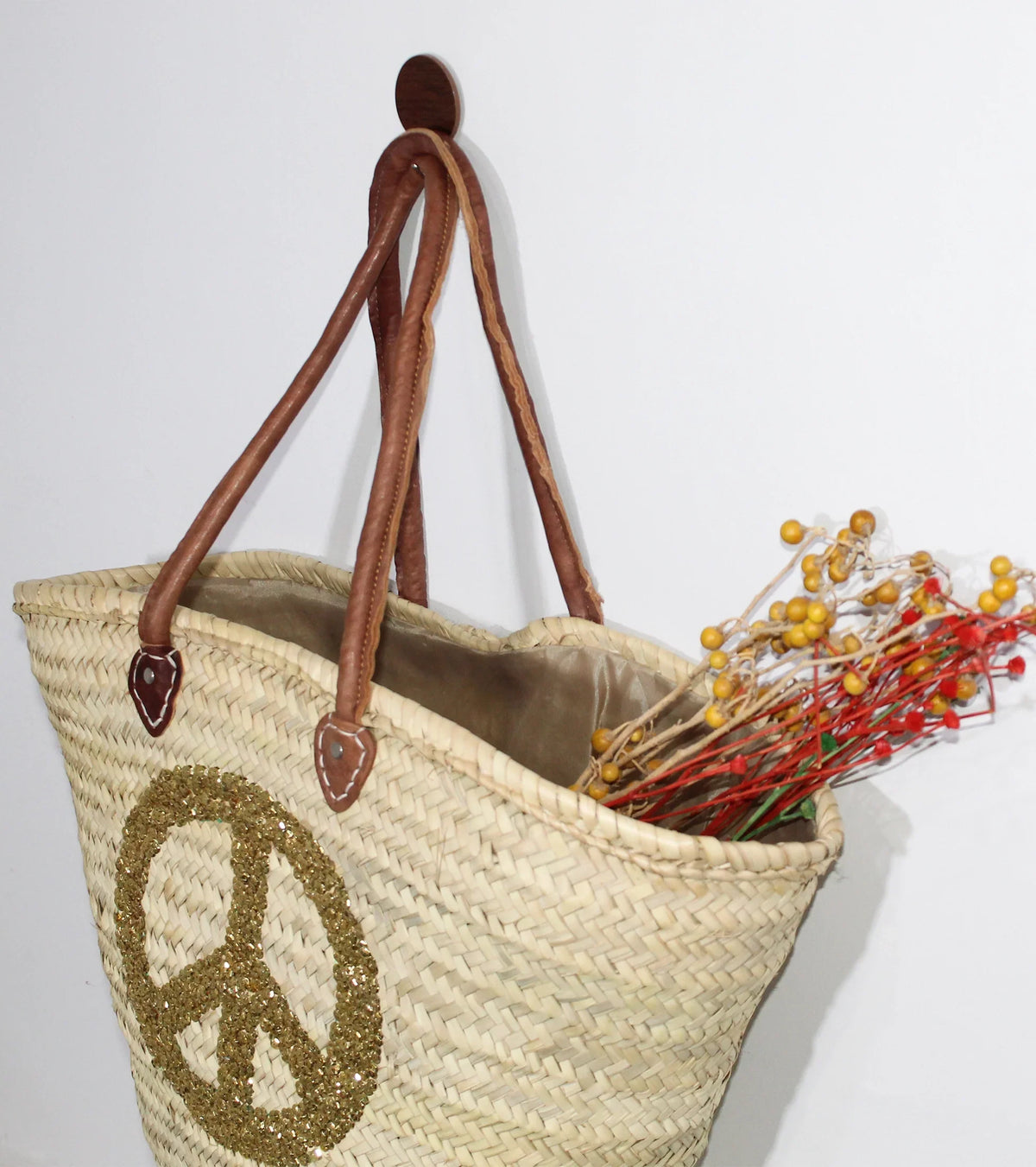 Sequin Peace Sign Straw Tote - Boho Market Basket with Leather Handles
