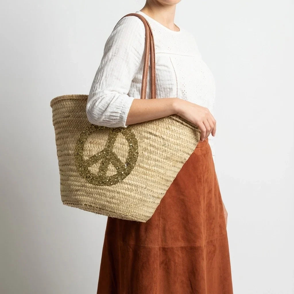 Sequin Peace Sign Straw Tote - Boho Market Basket with Leather Handles
