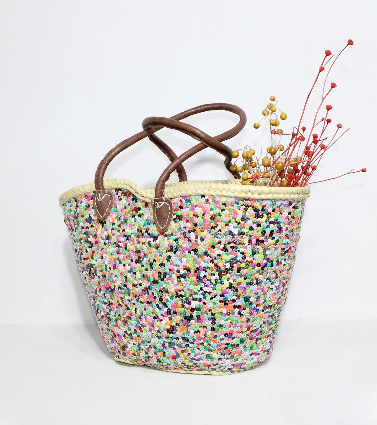 Sequin Straw Tote Bag - Colorful Boho Beach Basket with Leather Handles