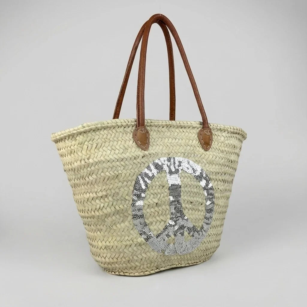Sequin Peace Sign Straw Tote - Boho Market Basket with Leather Handles