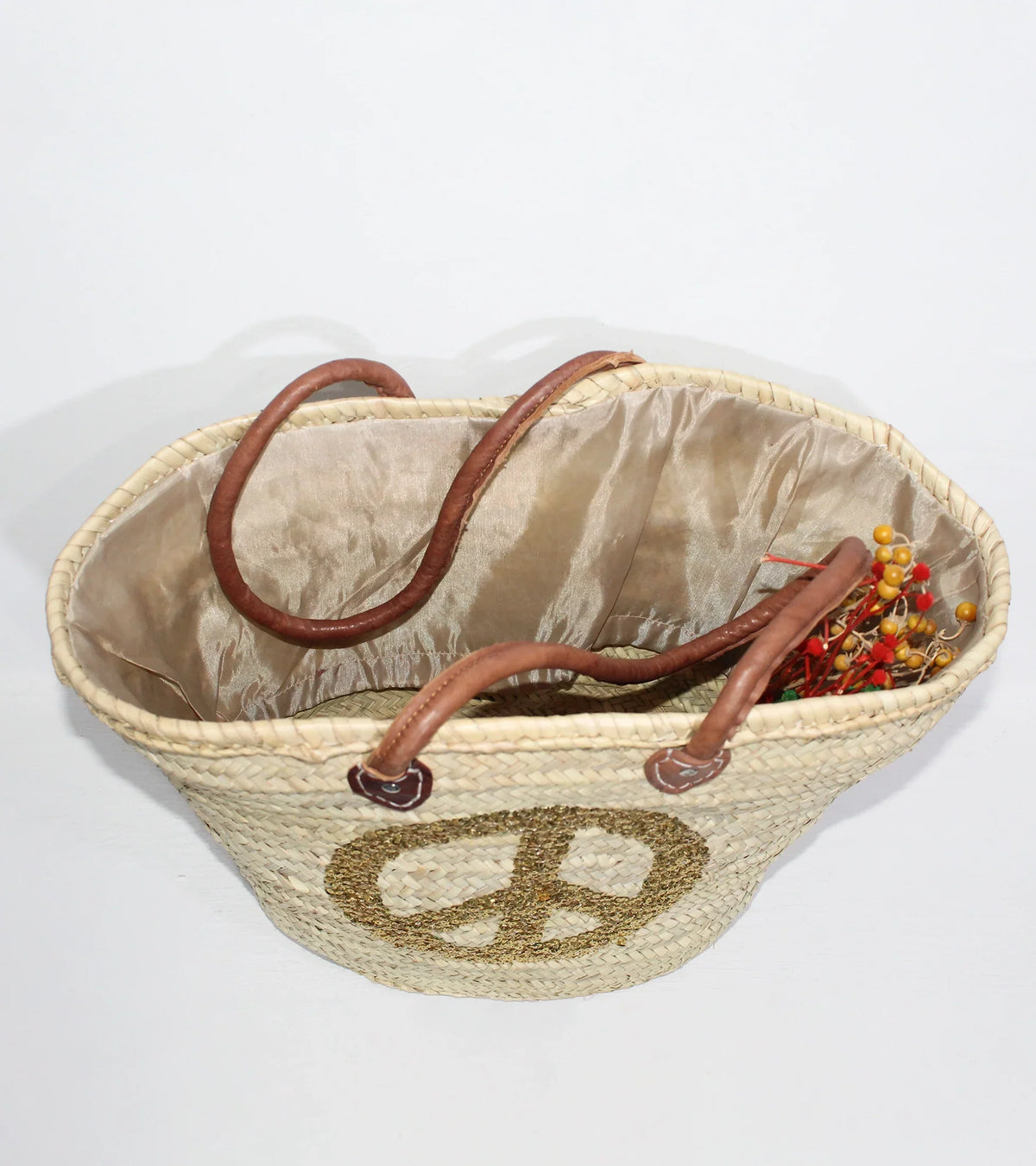 Sequin Peace Sign Straw Tote - Boho Market Basket with Leather Handles