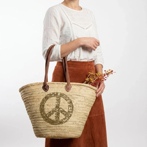 Sequin Peace Sign Straw Tote - Boho Market Basket with Leather Handles