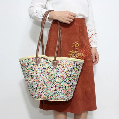 Sequin Straw Tote Bag - Colorful Boho Beach Basket with Leather Handles