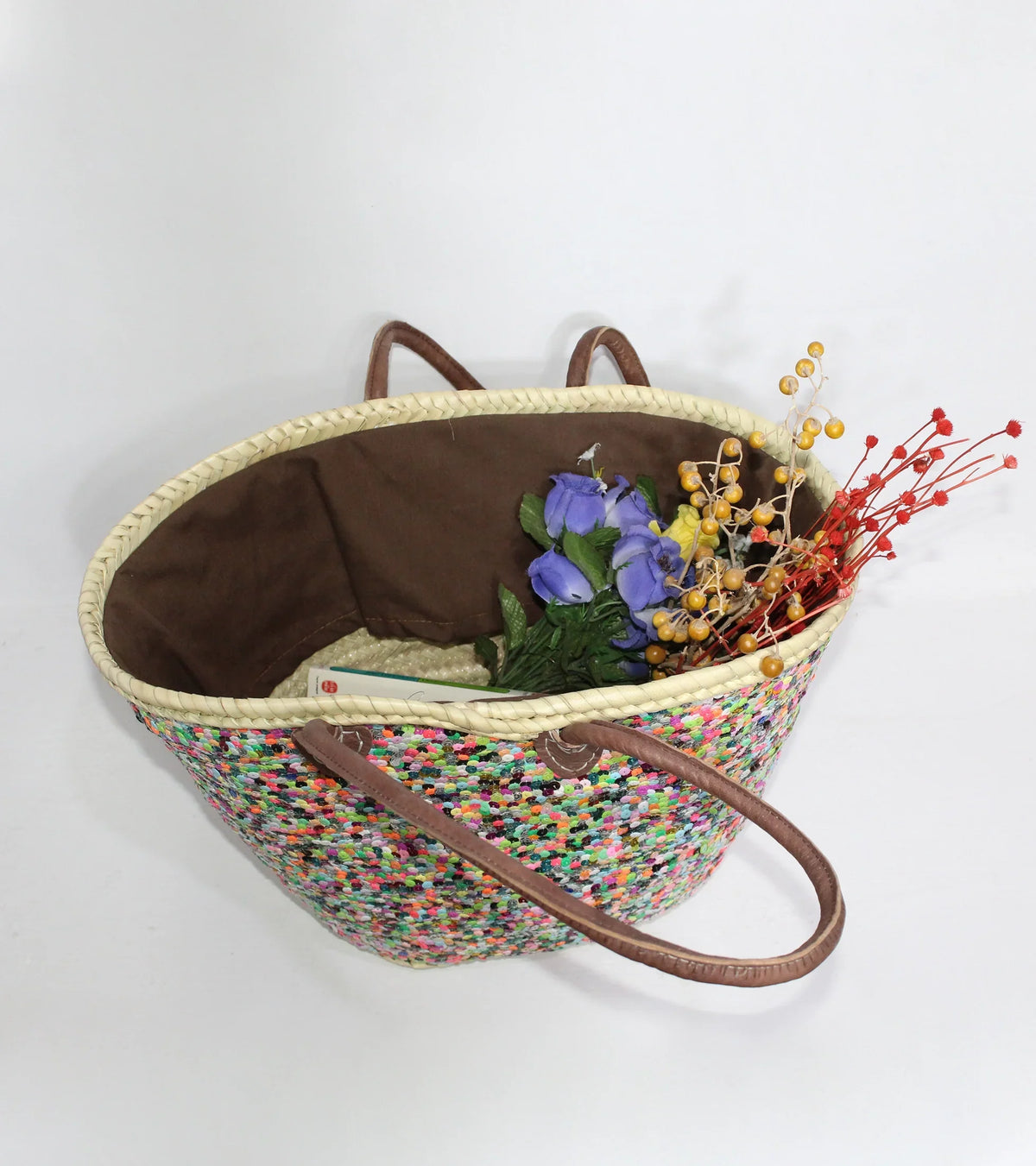 Sequin Straw Tote Bag - Colorful Boho Beach Basket with Leather Handles