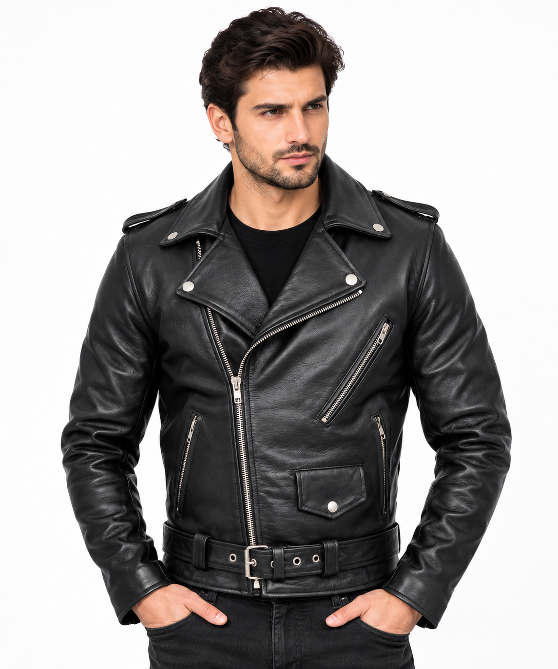 Men's Classic Leather Biker Jacket – Belted Slim Fit Moto Jacket