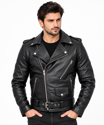 Men's Classic Leather Biker Jacket – Belted Slim Fit Moto Jacket