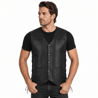 Men's Black Leather Vest – Classic Button-Front Biker Vest