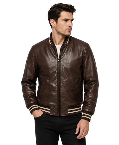 Men's Dark Brown Leather Varsity Jacket – Ribbed Bomber