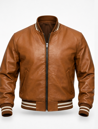Men's Light Brown Leather Varsity Jacket – Ribbed Bomber