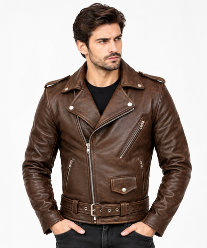 Men's Brown Leather Biker Jacket – Belted Asymmetric Zip