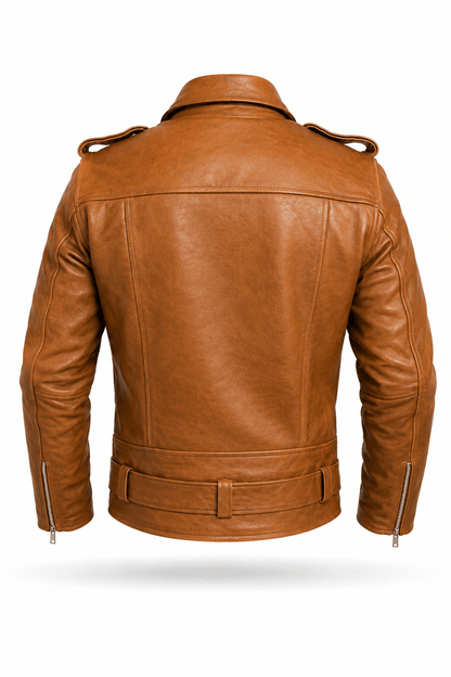 Men's Caramel Brown Leather Biker Jacket – Belted Slim Fit
