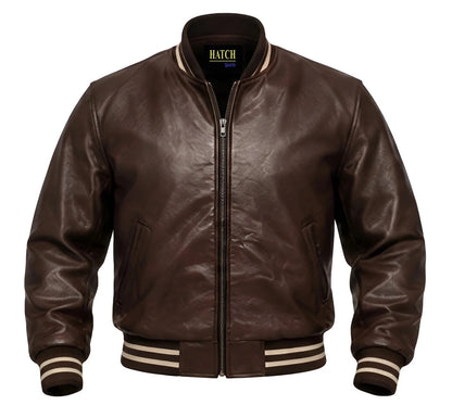 Men's Dark Brown Leather Varsity Jacket – Ribbed Bomber
