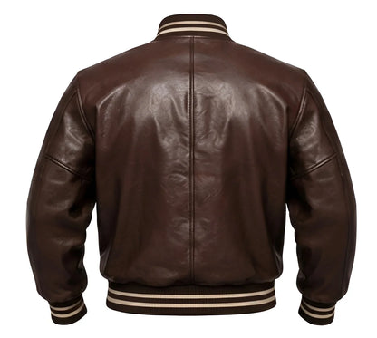 Men's Dark Brown Leather Varsity Jacket – Ribbed Bomber