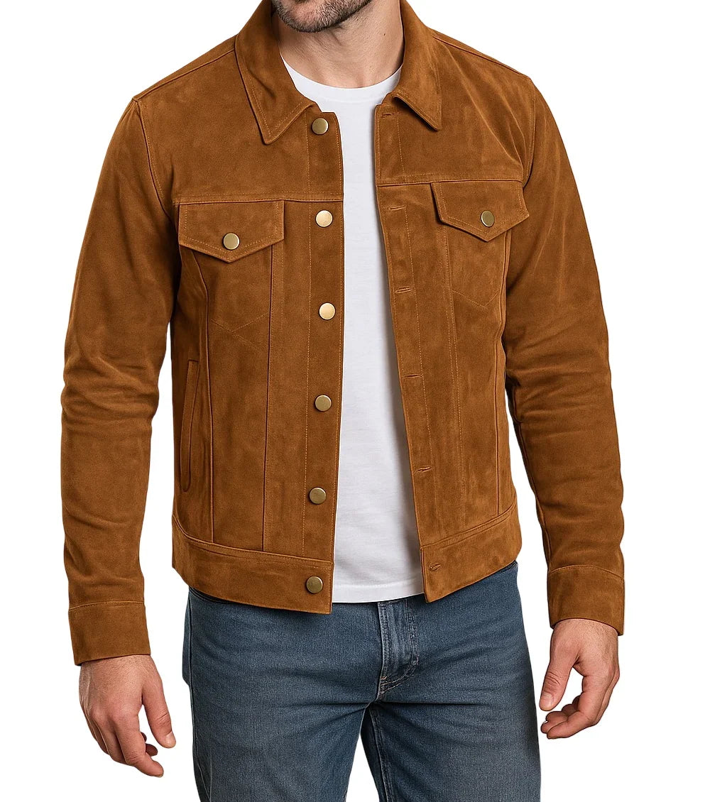 Men's Suede Trucker Jacket – Button-Front Vintage Jacket