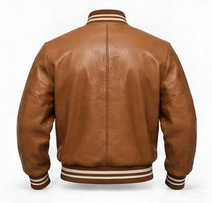 Men's Light Brown Leather Varsity Jacket – Ribbed Bomber