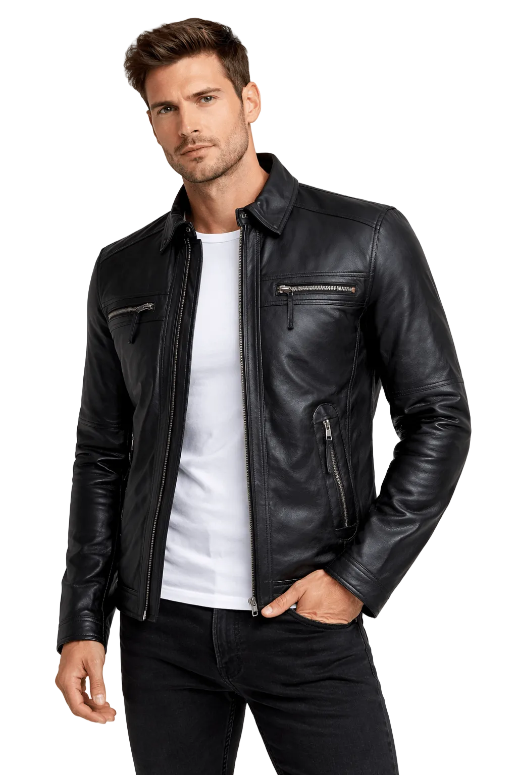 Men's Black Leather Zip Jacket – Slim Fit with Shirt Collar
