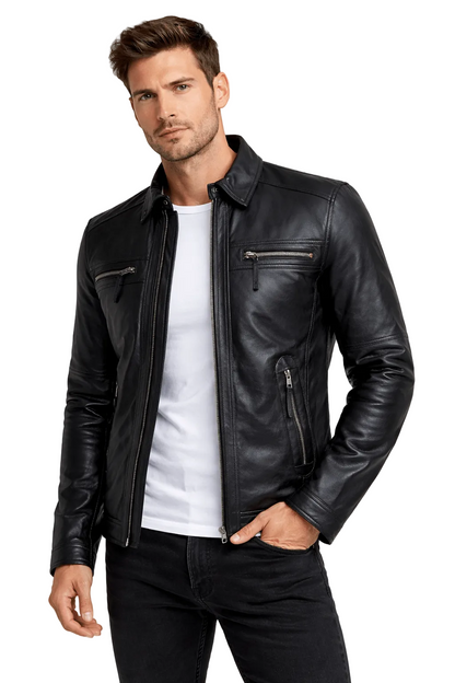 Men's Black Leather Zip Jacket – Slim Fit with Shirt Collar