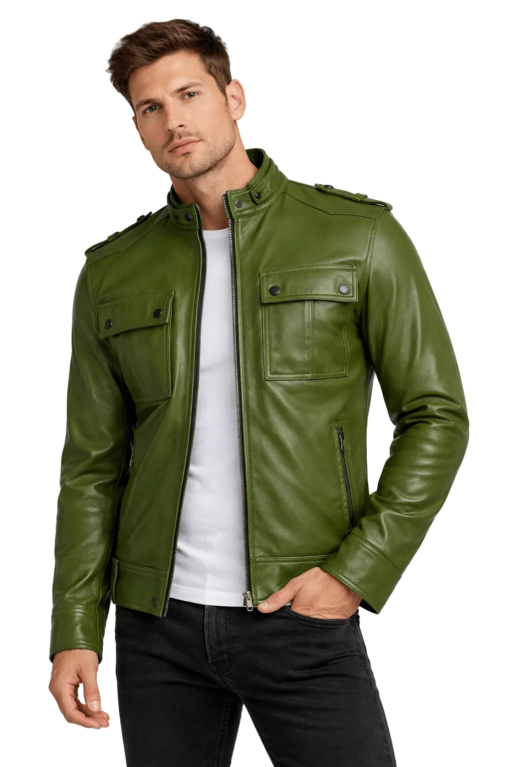 Men's Green Leather Biker Jacket – Slim Fit Moto Style