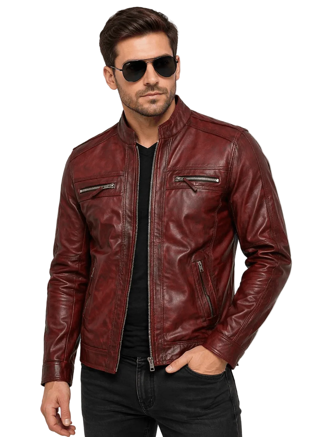 Men's Waxed Burgundy Leather Jacket – Vintage Slim Fit
