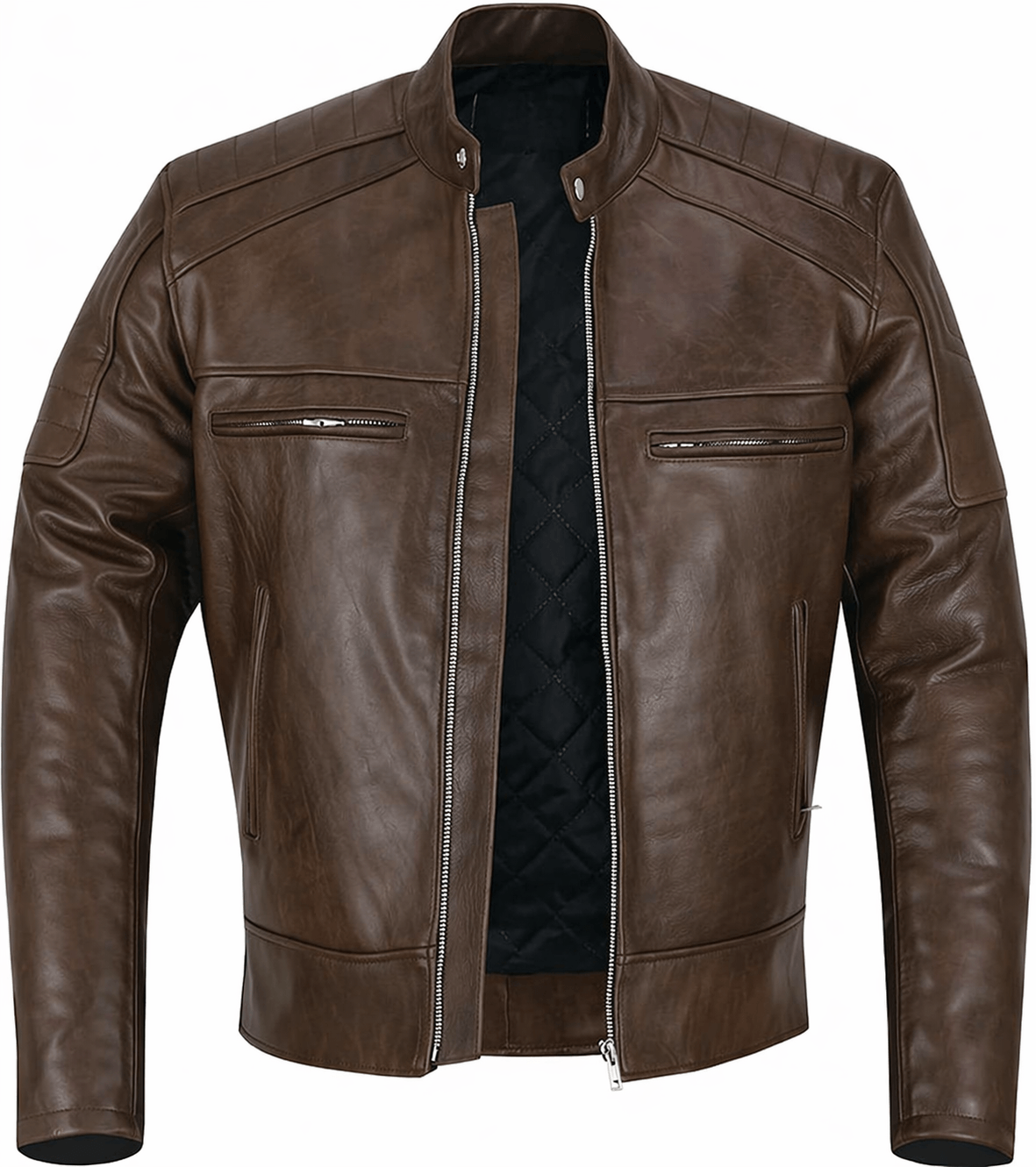 Men's Leather Moto Jacket – Quilted Panels, Zip Pockets
