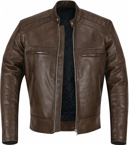Men's Leather Moto Jacket – Quilted Panels, Zip Pockets