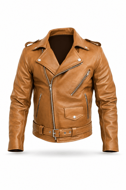 Men's Tan Leather Biker Jacket – Belted Slim Fit