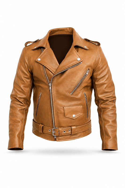 Men's Tan Leather Biker Jacket – Belted Slim Fit