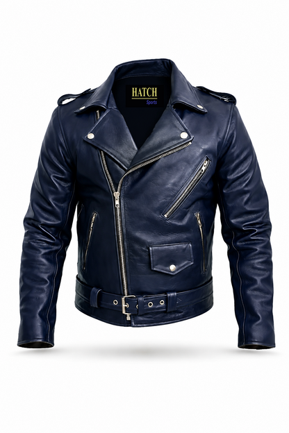Men's Navy Leather Biker Jacket – Belted Slim Fit