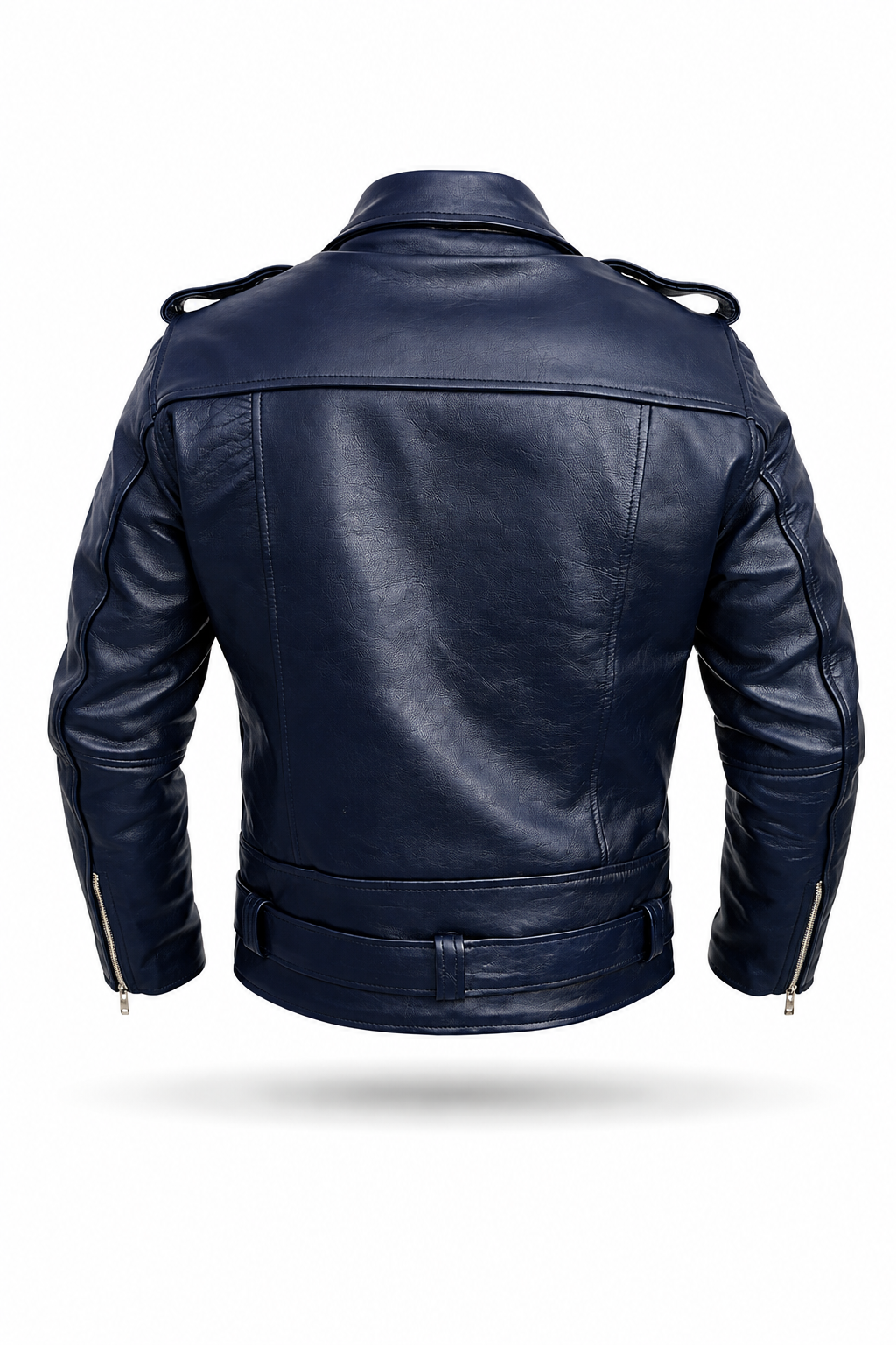 Men's Navy Leather Biker Jacket – Belted Slim Fit
