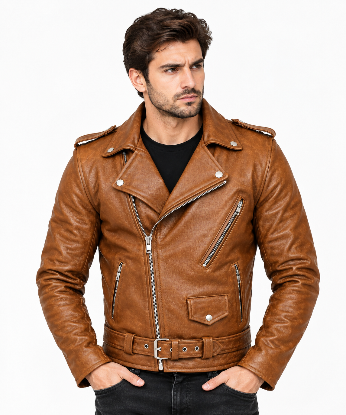 Men's Caramel Brown Leather Biker Jacket – Belted Slim Fit