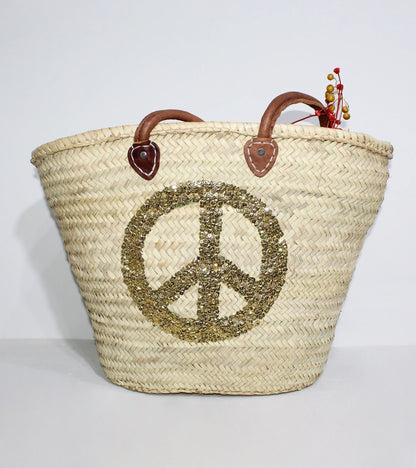 Sequin Peace Sign Straw Tote - Boho Market Basket with Leather Handles