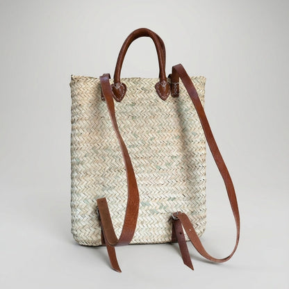 Woven Straw Backpack with Leather Straps - Handmade Market Tote