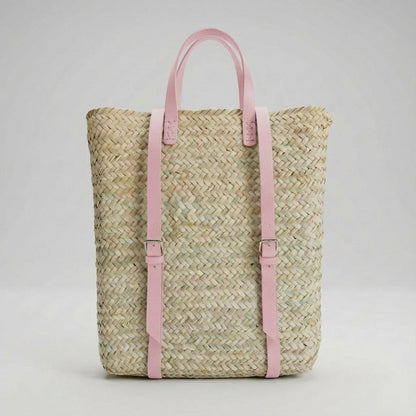 Handmade Straw Backpack with Leather Straps Woven Market Bag
