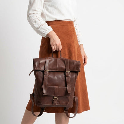 Vintage Leather Roll Top Backpack Large Travel Rucksack