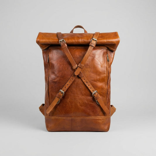 Vintage Leather Roll Top Backpack Handmade Laptop Travel Rucksack