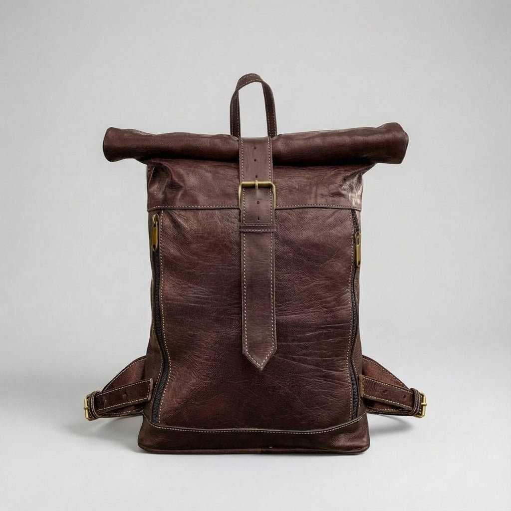 Leather Roll Top Backpack Vintage Travel Rucksack Laptop Bag