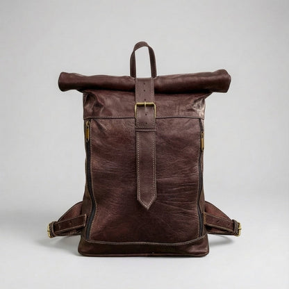 Leather Roll Top Backpack Vintage Travel Rucksack Laptop Bag