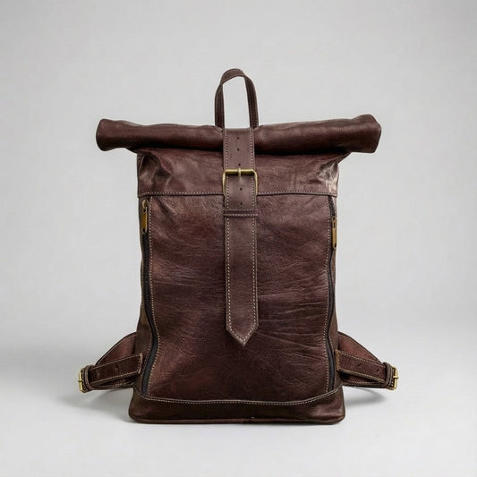 Leather Roll Top Backpack Vintage Travel Rucksack Laptop Bag