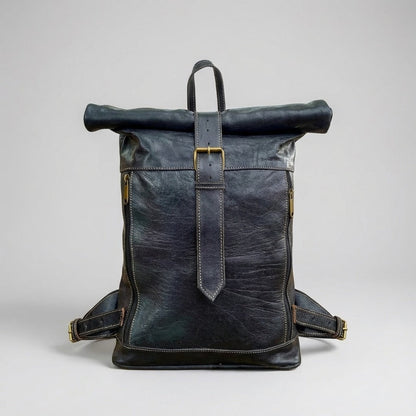 Leather Roll Top Backpack Vintage Travel Rucksack Laptop Bag