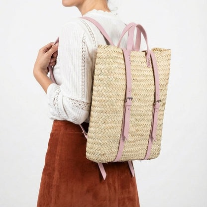Handmade Straw Backpack with Leather Straps Woven Market Bag