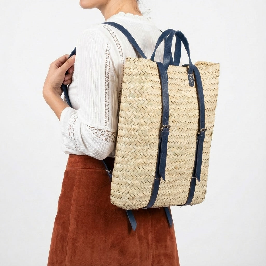 Handmade Straw Backpack with Leather Straps Woven Market Bag