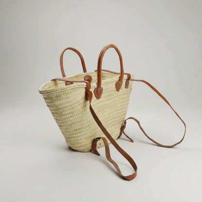 French Market Straw Backpack with Leather Straps