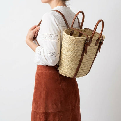 French Market Straw Backpack with Leather Straps