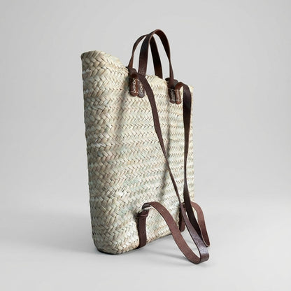 Handmade Straw Backpack with Leather Straps Woven Market Bag
