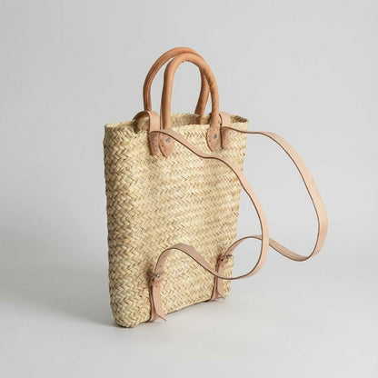 Woven Straw Backpack with Leather Straps - Handmade Market Tote