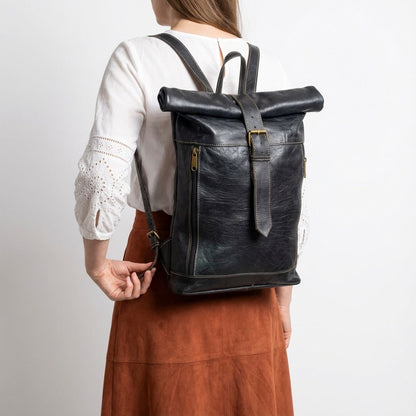 Leather Roll Top Backpack Vintage Travel Rucksack Laptop Bag