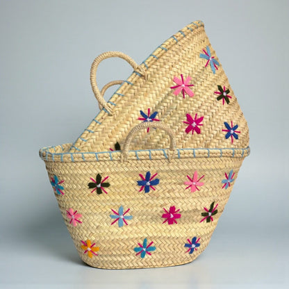 Floral Embroidered Straw Market Basket - Boho Woven Tote Bag