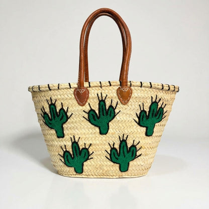 Woven Straw Cactus Tote Bag Market Basket Leather Handles